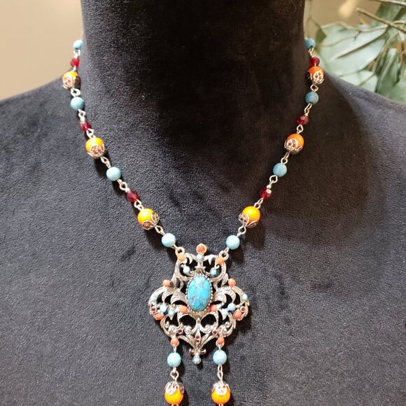 Womens Multicolor Multiple Beaded Turquoise Coral Pendant Necklace with Lobster - Picture 4 of 6